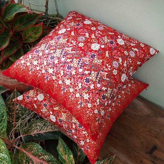 2 Pillow Covers Red and Gold  Flower Painting sofa Throw decorative pillow cushion covers 18 inches