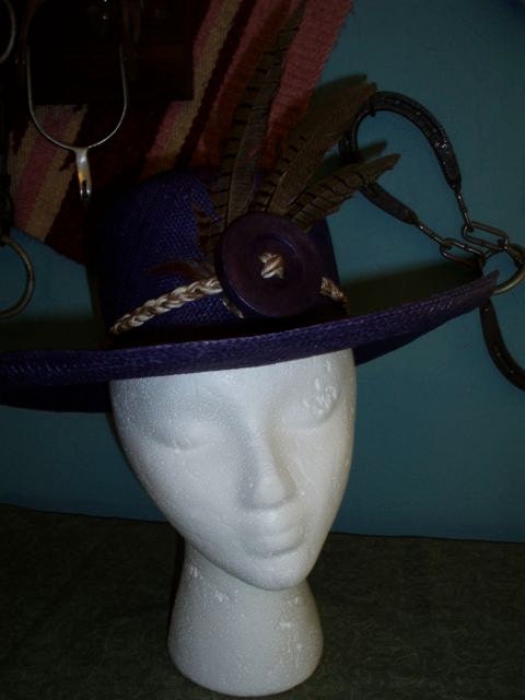 Ladies Straw Hat, Customized wih Huge Button and Feathers
