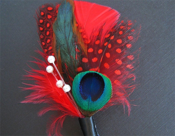 Red peacock boutineers gothic wedding boutonnieres feather From Rationale