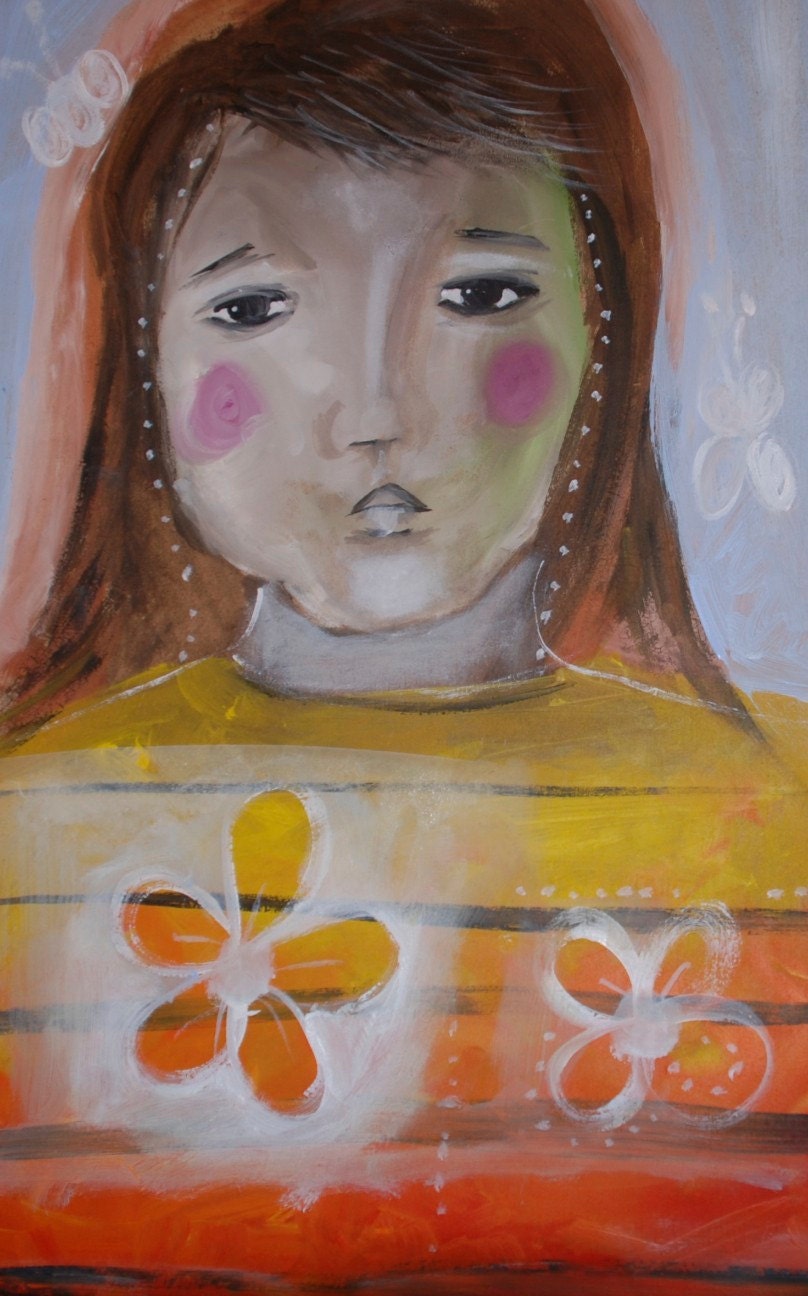 Art Painting Acrylic on Wood OOAK Orange yellow - Betty Bee Sting Lips
