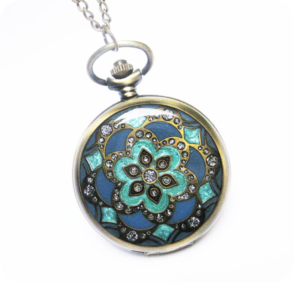 Cloisonne flower pattern Pocket watch Locket Necklace, with many crystal and a bird