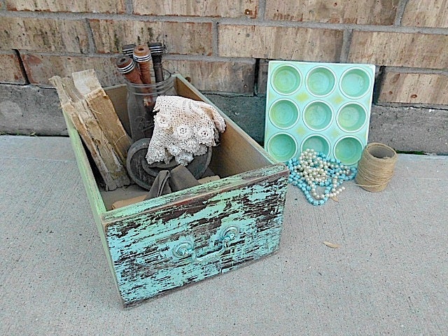 Upcycled - Vintage - COLORS of the OCEAN - Wooden Drawer - Repurposed Tin Candle Holder