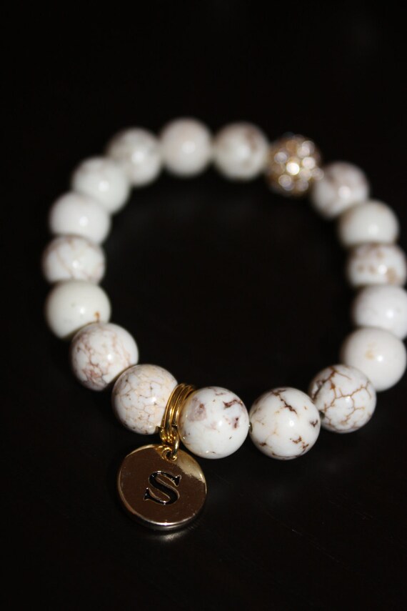 Cream & Caramel Magnesite Semi Precious Gemstone Beaded Bracelet with Gold Pave Rhinestones and Gold Initial Charm - Waiting On Martha ID