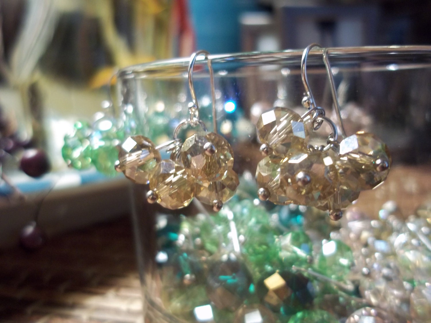 Drops of crystal earrings Aurora Borealis crystal Peacock .925 sterling silver
