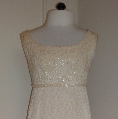 1960s elegant sequinned eggshell white high waisted evening or wedding dress 
