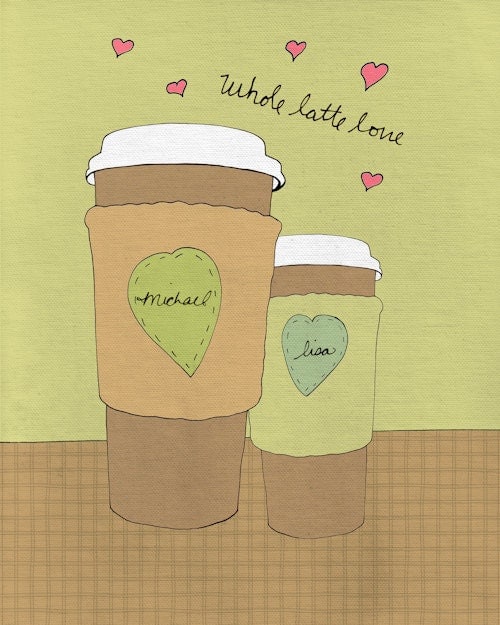 Custom Wedding Anniversary Art Print - Whole Latte Love - 8 x 10 Romantic Illustration Print