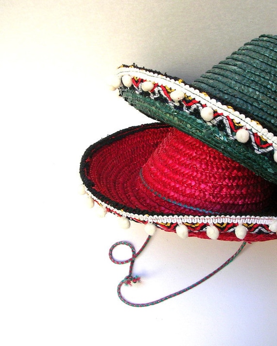 Vintage Sombreros. 1970s, Child Size, Mexican Hats. Red, Green, Woven Straw. SET OF TWO. Kitsch, Vintage Decor, Display, Fiesta.