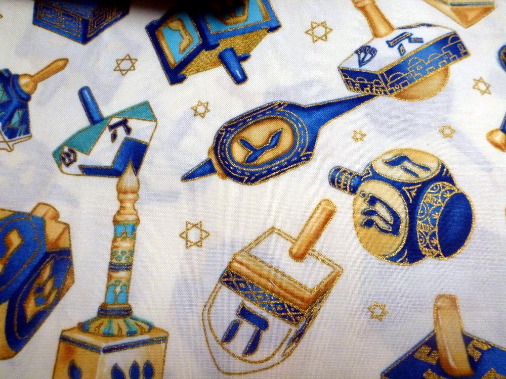 Judaic Fabric Fat Quarters Alexander Henry Historical Spin Blue and Gold Dreidels on white