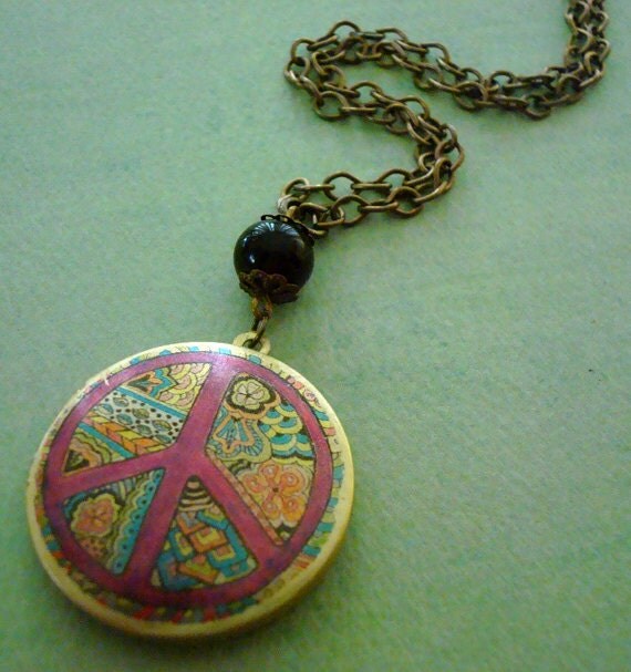 Art Locket Necklace-Groovy Multi Color Peace Sign-h203