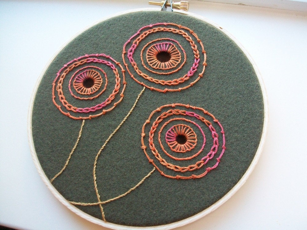 hand embroidered hoop art - freeform flowers on repurposed pool table felt in 5 inch hoop by bo betsy - free shipping