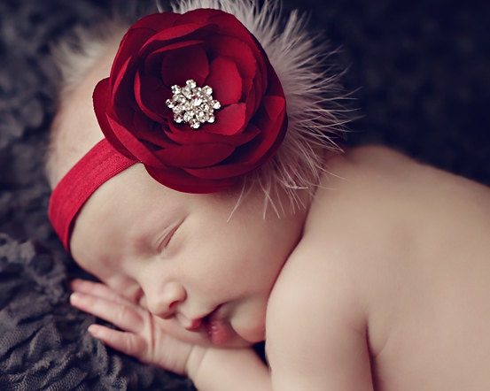 Baby Headband..Valentines Day..Newborn Baby Girl Valentines Headband..Burgundy Red Headband.White Feathers..Infant Baby Headband..Photo Prop