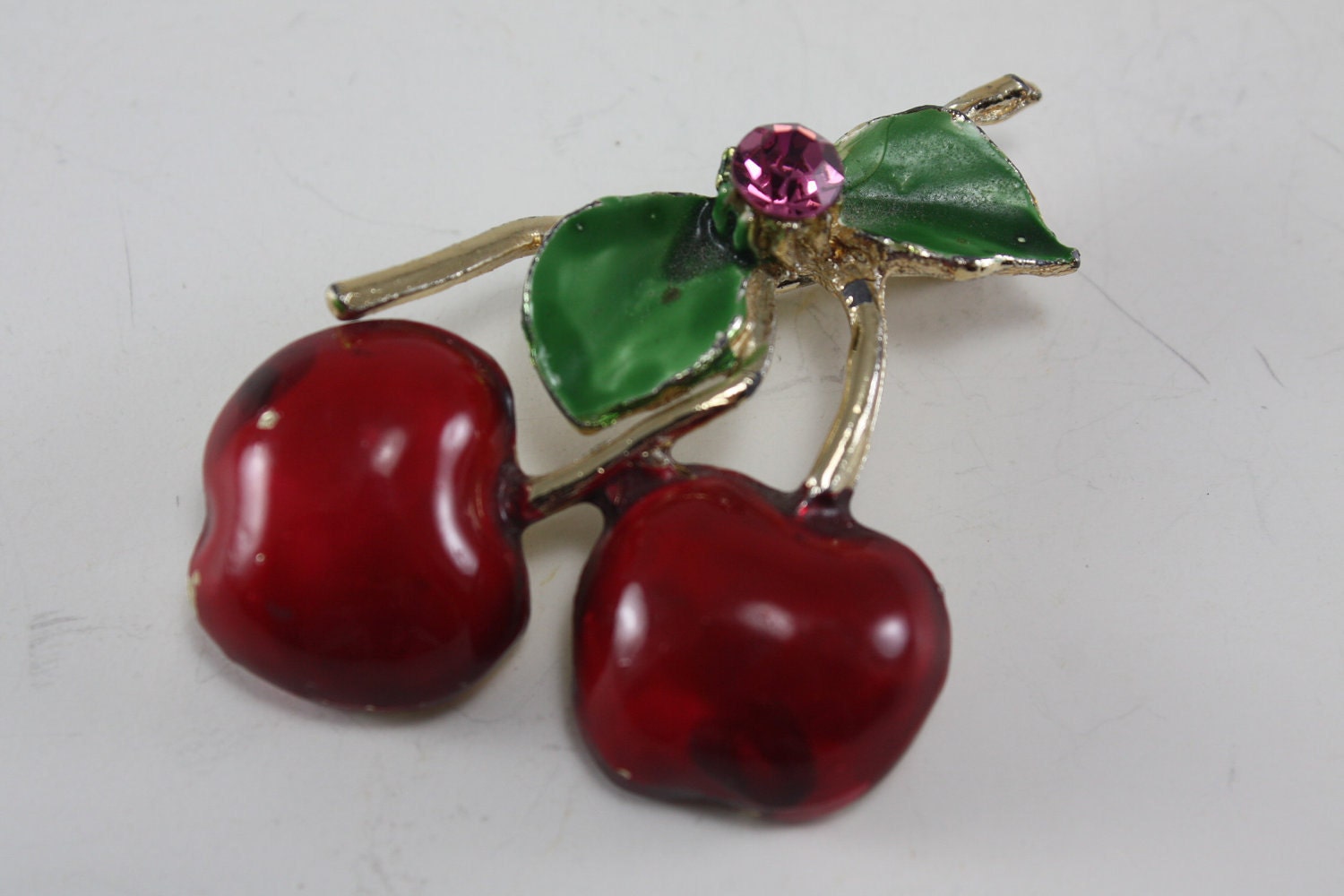 Vintage Red Cherry Pin With Pink Rhinestone Accent