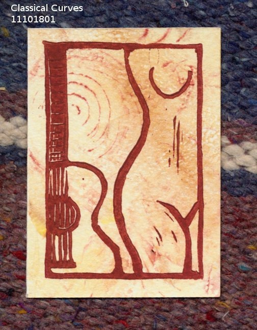 Classical Guitar and Nude original relief linocut and gelatin print aceo 11101801