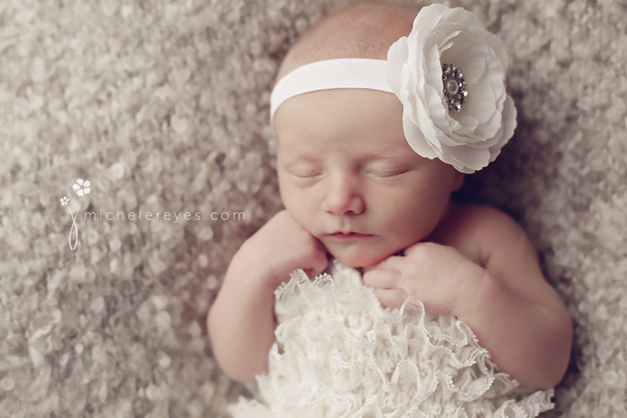 Baby Headband..Baby Girl Headband..Baby Girl Christening or Baptism Headband..Diamond White or Cream Flower with Pearls and Rhinestones