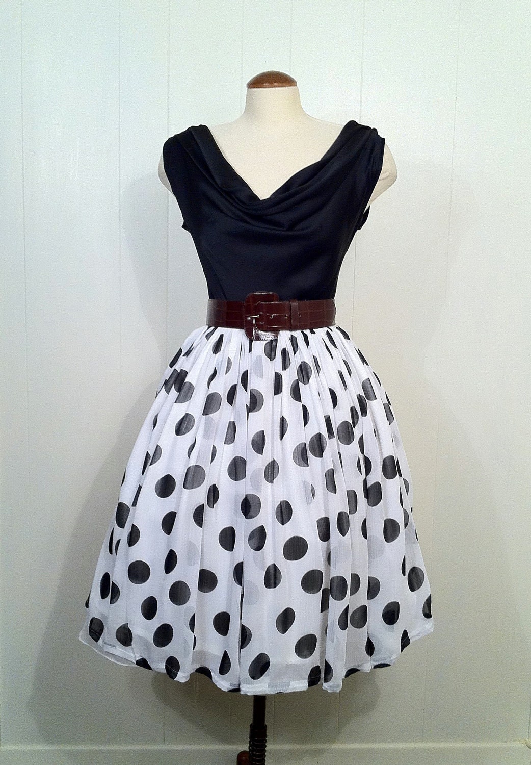 Vintage 1950s Reproduction Polka Dot Chiffon Swing Dress Medium Size