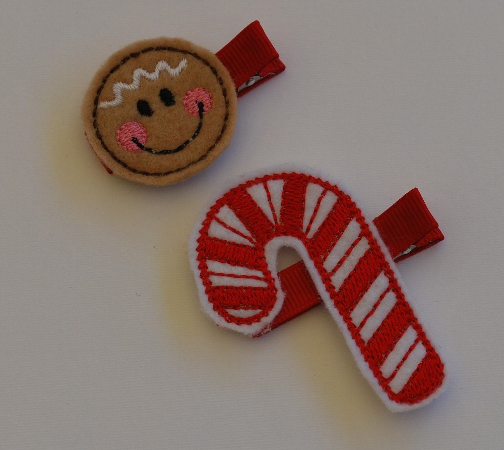 Christmas Hair Clip Set Gingerbread and Candycane