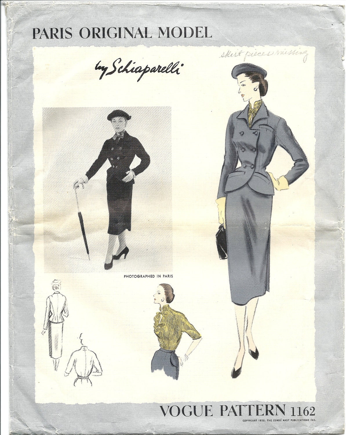Vogue 1162 by Schiaparelli Vogue 1162 Elsa Schiaparelli pattern 1950s jacket skirt suit blouse Vogue Paris Original