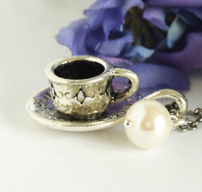 Silver Tea Cup Necklace With Ivory Pearl , Alice in Wonderland - No Shipping Charges