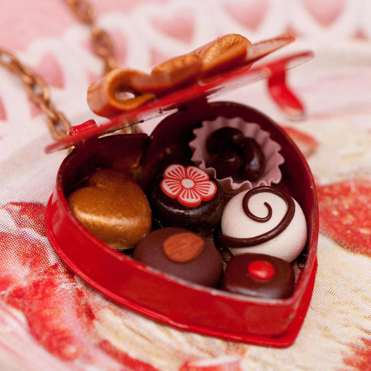 Necklace - Sweetheart Red Valentines Day Box of Gourmet Chocolates Handmade by Roscata
