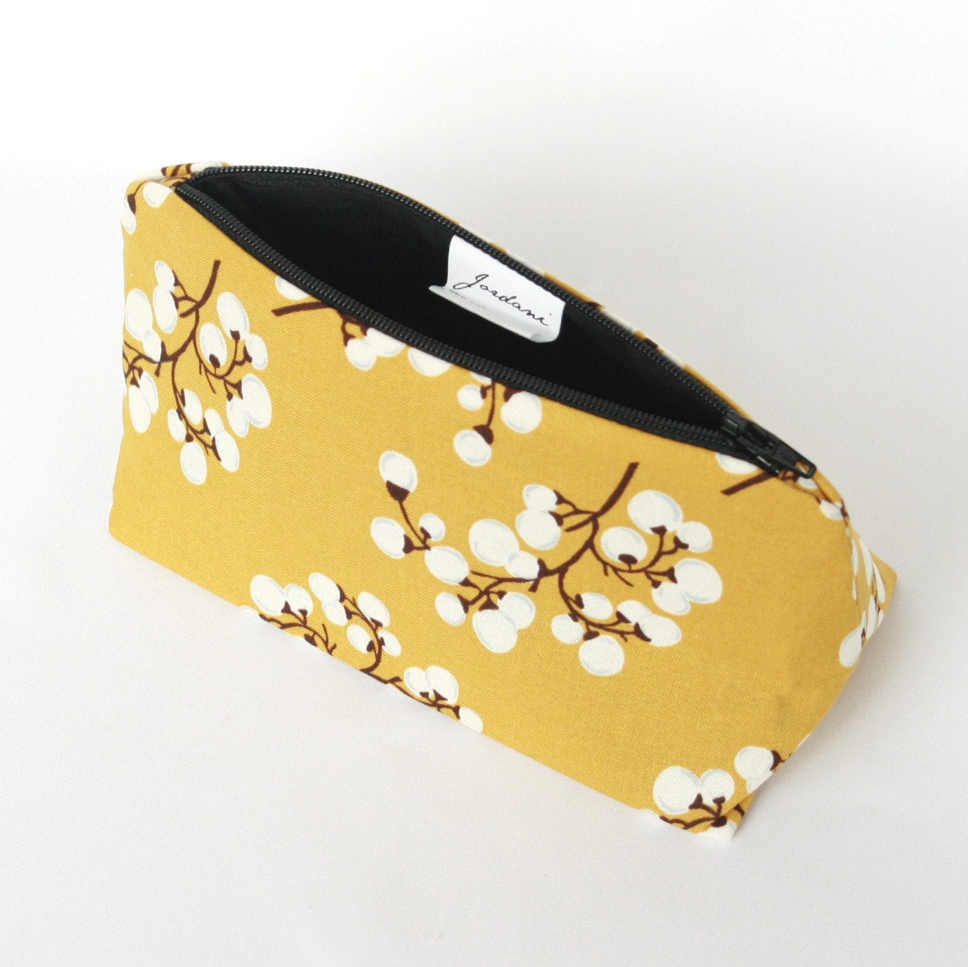 Mustard Cosmetic Bag with White Vine Floral Print