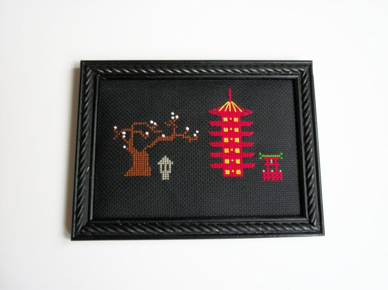Asian pagoda scene framed cross stitch