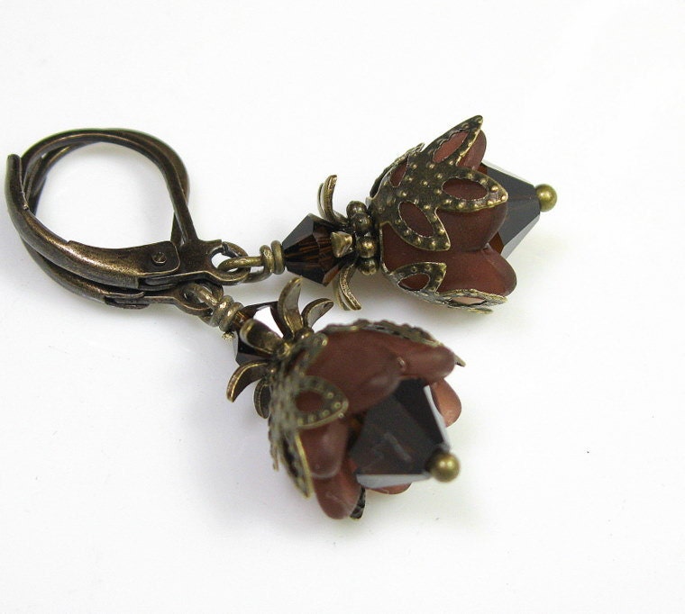 Flower Earrings, Chocolate, Gumdrop, Vintage Style, Swarovski, Antiqued Brass