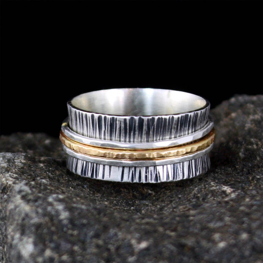 Gold and Silver Spinner Ring - Recycled Sterling and 14k Gold Fill Fidget Ring with Three Bands - FREE shipping
