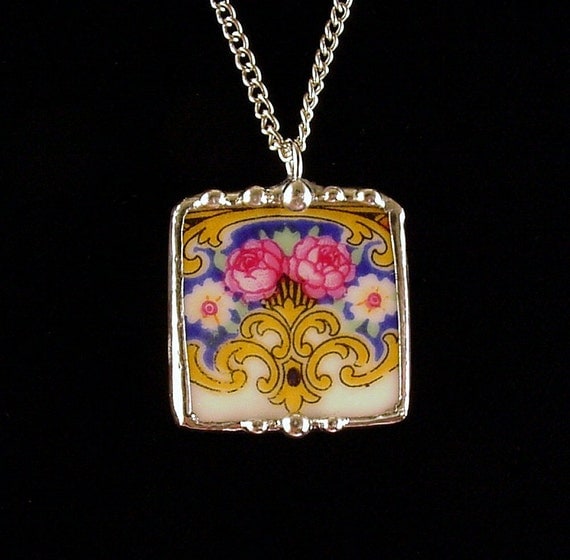 Broken china jewelry pendant necklace rose porcelain square antique china