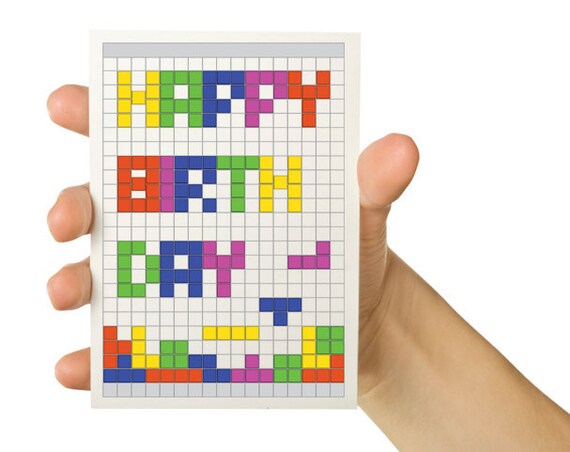 Video Game Greeting Card - Tetris Geeky Birthday  custom card  5 x 7