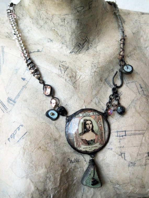 Blanca, Queen of France. Rustic Victorian Tribal Mixed Media Assemblage Necklace.