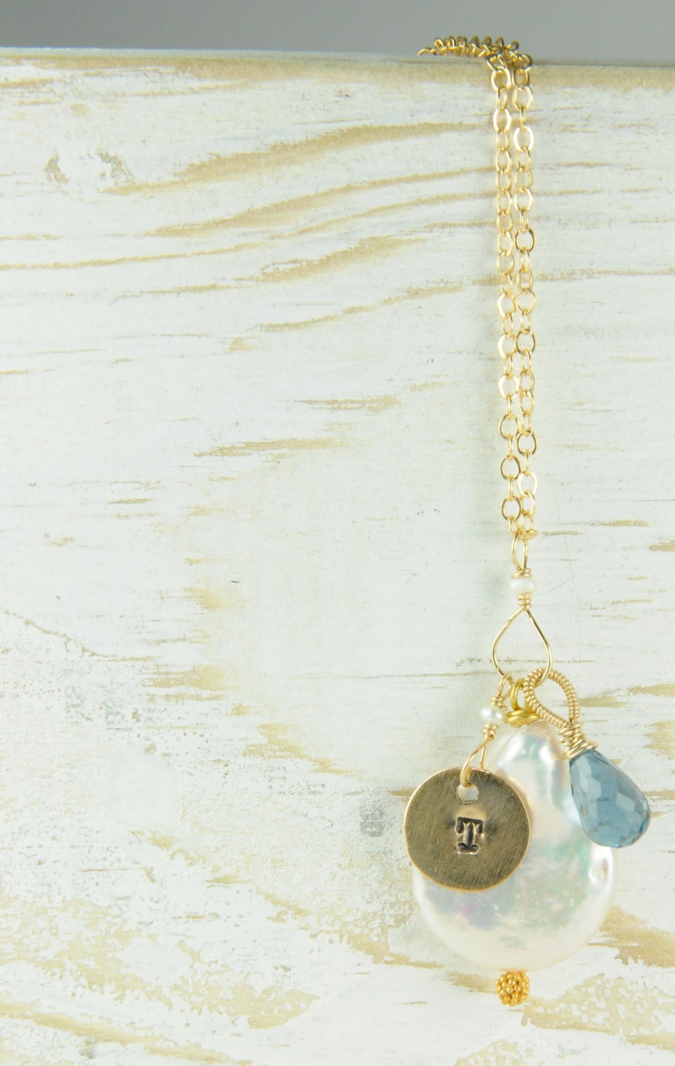 Personalized Initial Charm Necklace , Holiday Gifts, Stocking Stuffers, pearls and London Blue Topaz Necklace