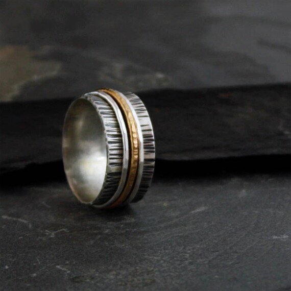Gold and Silver Spinner Ring - Recycled Sterling and 14k Gold Fill Fidget Ring with Three Bands - FREE shipping