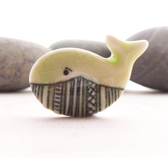 Whale Pin Brooch Crackle Green Glazed Handcrafted Porcelain
