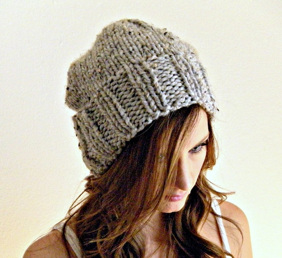 Knit womens hat grey slouchy hat gray marble