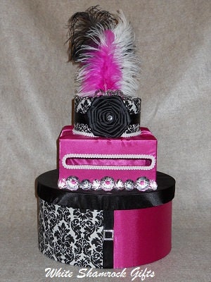This card box was done in pink and black damask with feather accents and a 