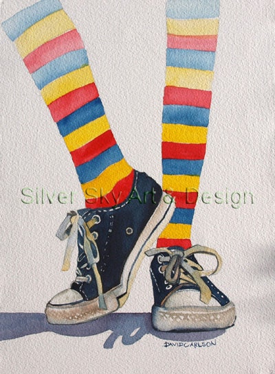 Striped Socks, Converse Shoes, Original Watercolor Painting