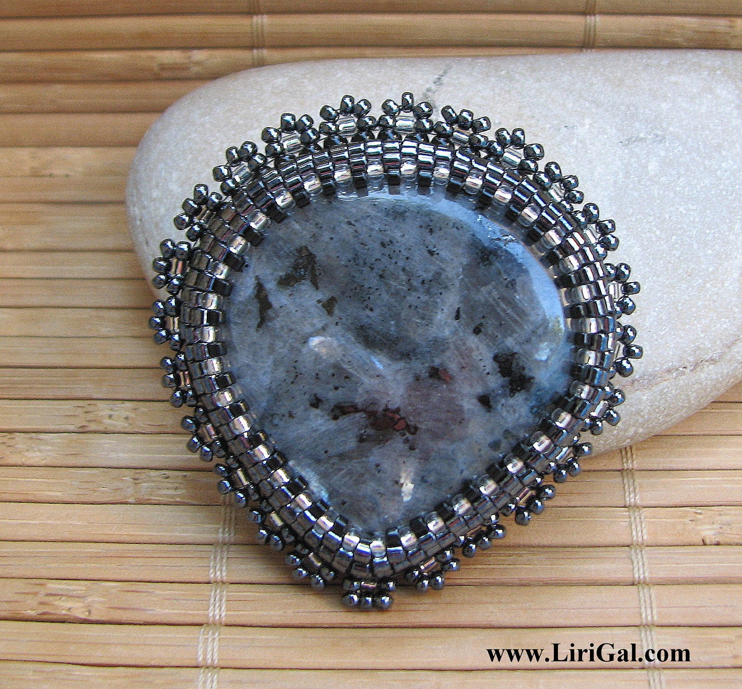 Larvikite bead embroidered brooch