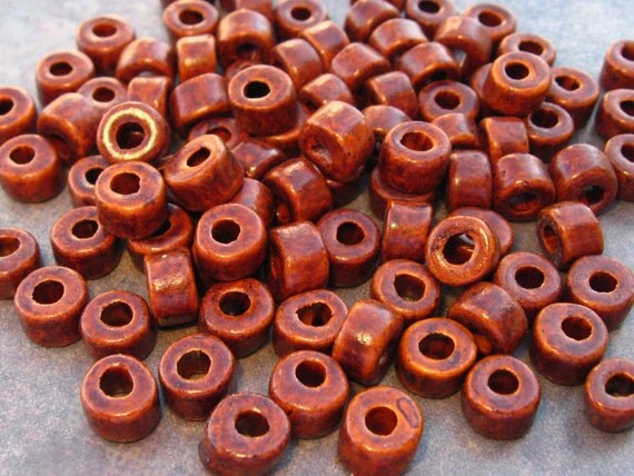 25 Mykonos Greek Ceramic Beads 6x6mm Mini Tubes - Wood