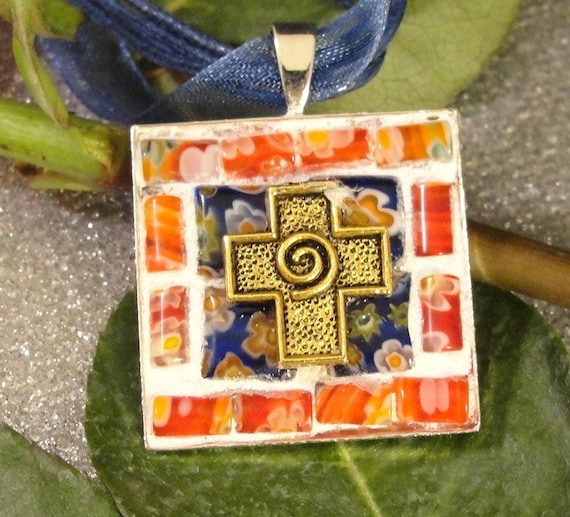 Mosaic Cross Necklace Pendant Millefiori Blue Red Gold
