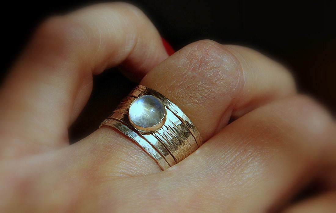 Simone unique rustic stackable wedding ring - set of five textured wedding / engagement rings with moonstone, made to order