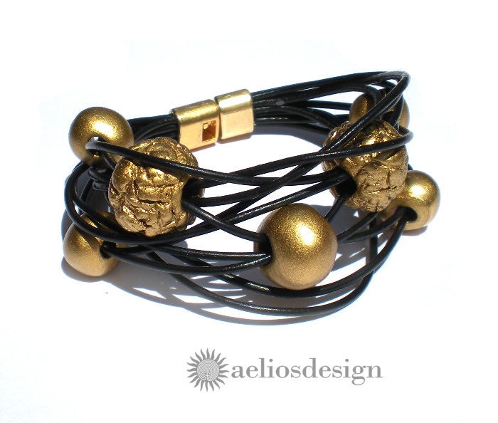 Black Gold Bracelet Genuine Greek Leather and Hand Painted Ceramic Beads