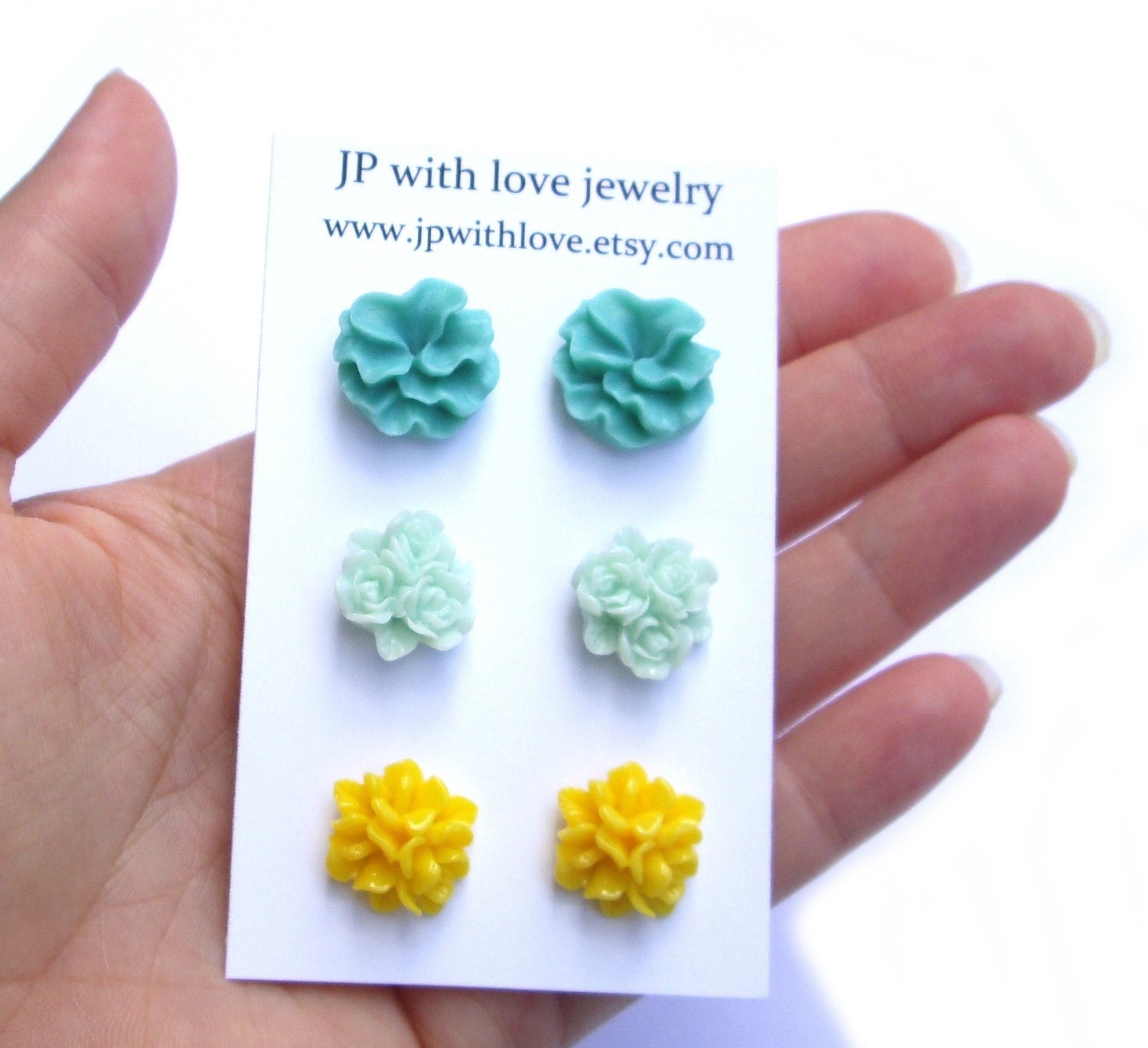 Stud earrings flower teal yellow light green resin rose jewelry set of 3