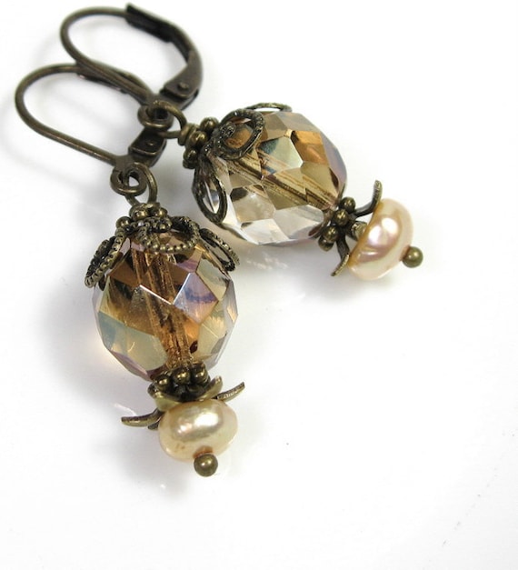 Latte, Amber, Vintage Style Jewelry, Earrings, Czech Glass, Freshwater Pearl, Antiqued Brass
