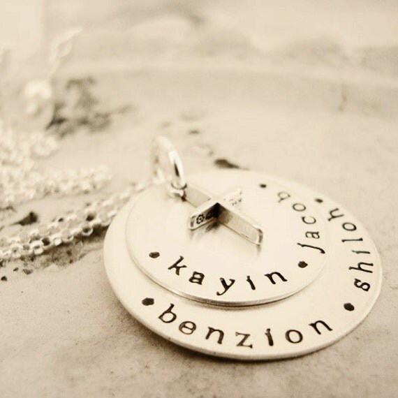 personalized hand stamped mothers jewelry... sterling silver cross necklace.. hand stamped names necklace..