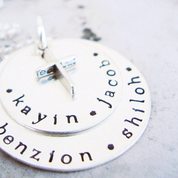 personalized hand stamped mothers jewelry... sterling silver cross necklace.. hand stamped names necklace..