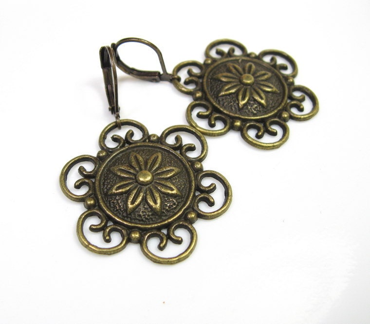 Flower Earrings, Antiqued Bronze, Vintage Style Jewelry