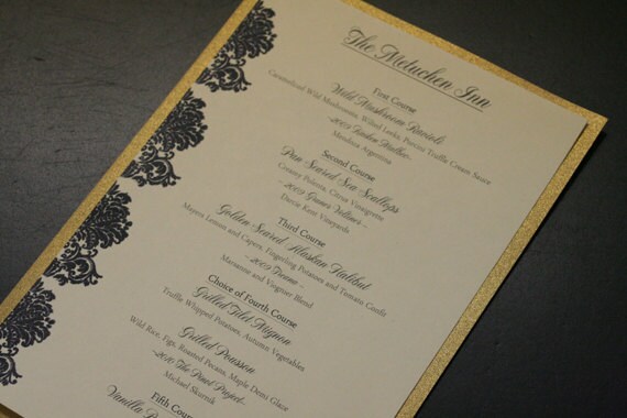 Wedding Menu Cards Luxe Edition Gold Metallic Ivory and Black Damask 