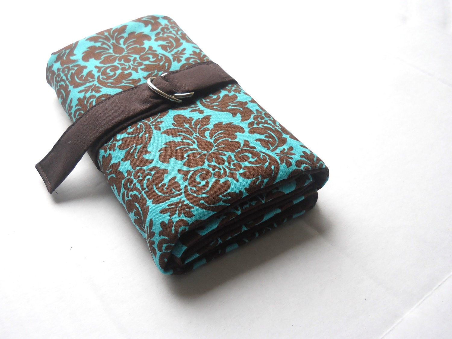 Double pointed needle case-Teal and brown damask