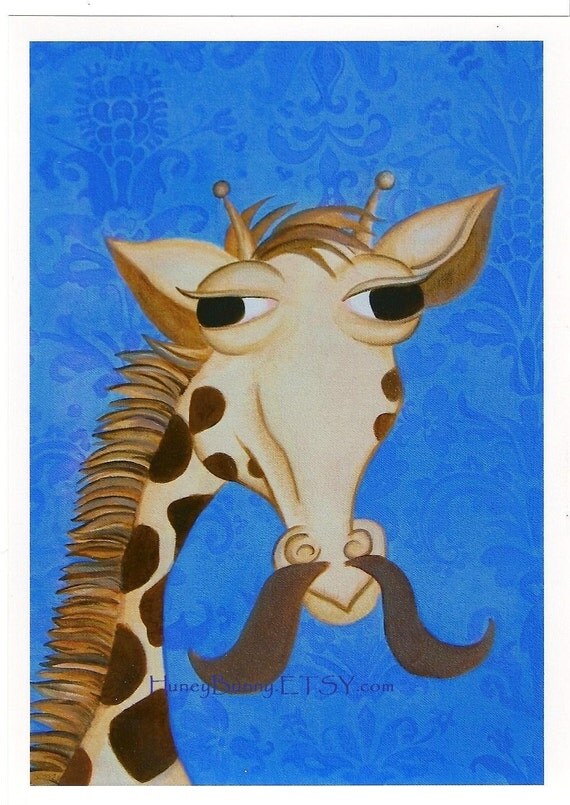 GIRAFFE ART. 8x10 Print.  Whimsical Giraffe with Mustache. Print from the painting: Grover Comb-over