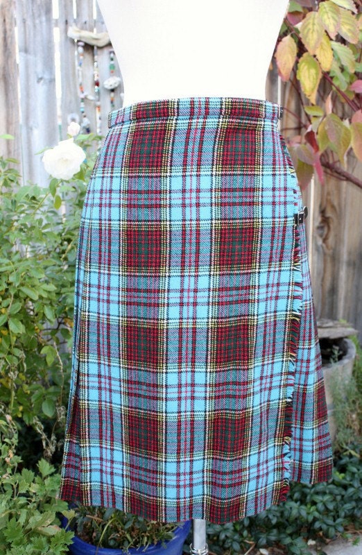 Blue Plaid Tartan Kilt Skirt Vintage Retro with Leather STraps By Moffat Weavers Size 14 Scotland Preppy Hipster Indie